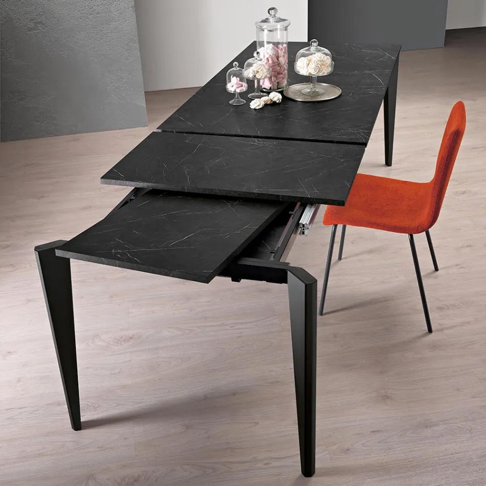 Extendable Table in Melamine Black Marble Finish Made in Italy - Ariel Viadurini
