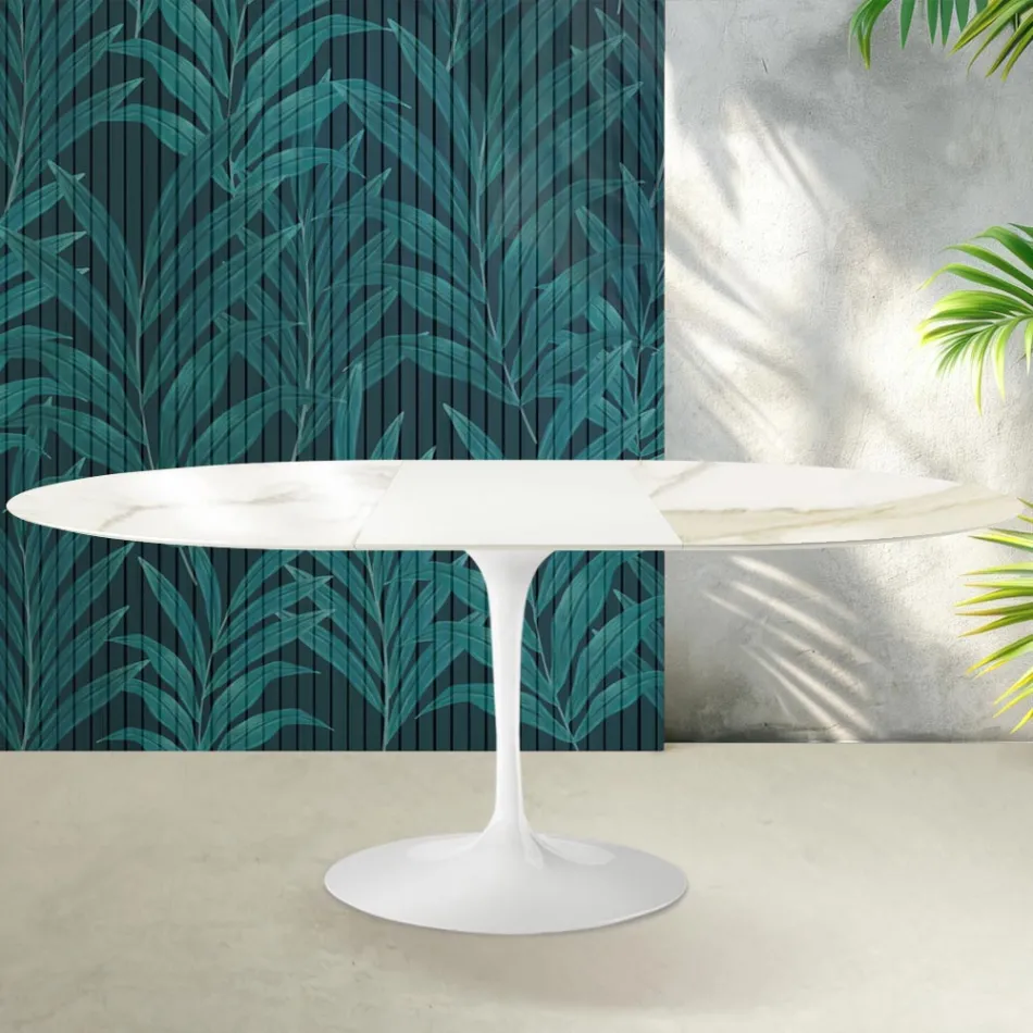 Saarinen Tulip Extendable Table H 74 cm in Florim Calacatta Gold Gloss Ceramic - Scarlet Viadurini