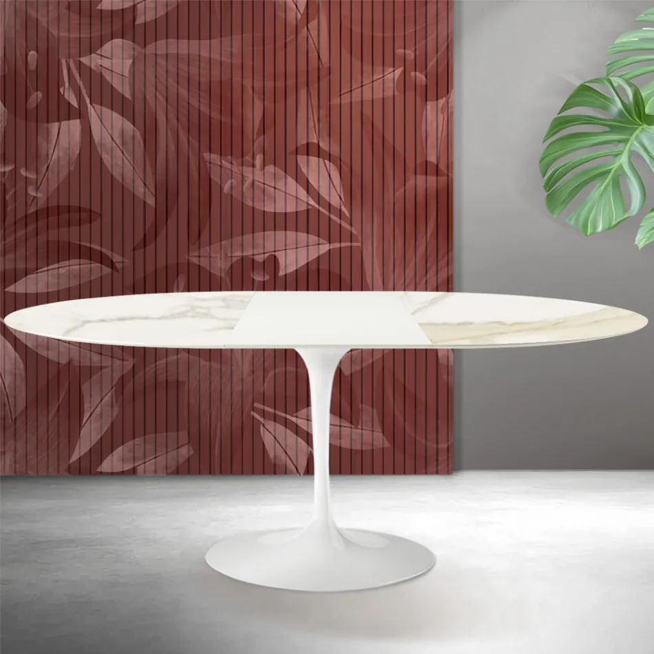 Saarinen Tulip Extendable Table H 74 cm in Florim Calacatta Gold Matt Ceramic - Scarlet Viadurini