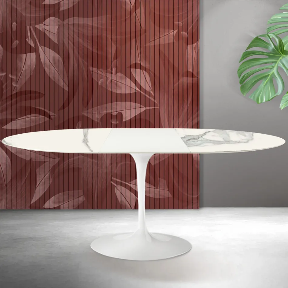 Saarinen Tulip Extendable Table H 74 cm in Florim Statuario Matte Ceramic - Scarlet Viadurini