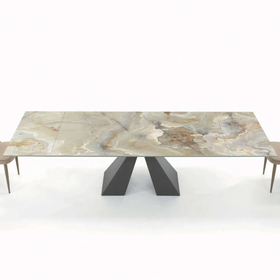 Table with Integrated Extensions and Mink Steel Base Made in Italy - Dalmatian Viadurini