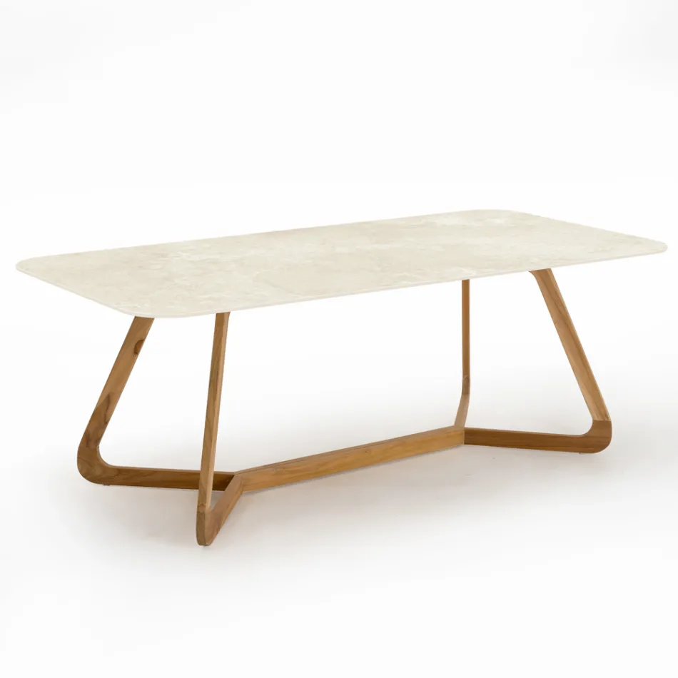 Table with Wooden Base and Chianca Ceramic Top from Ostuni - Infinity Viadurini