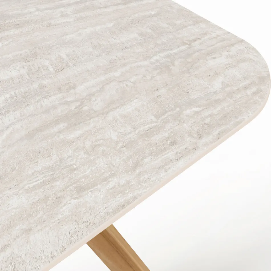 Table with Wooden Base and Light Travertine Ceramic Top - Infinity Viadurini