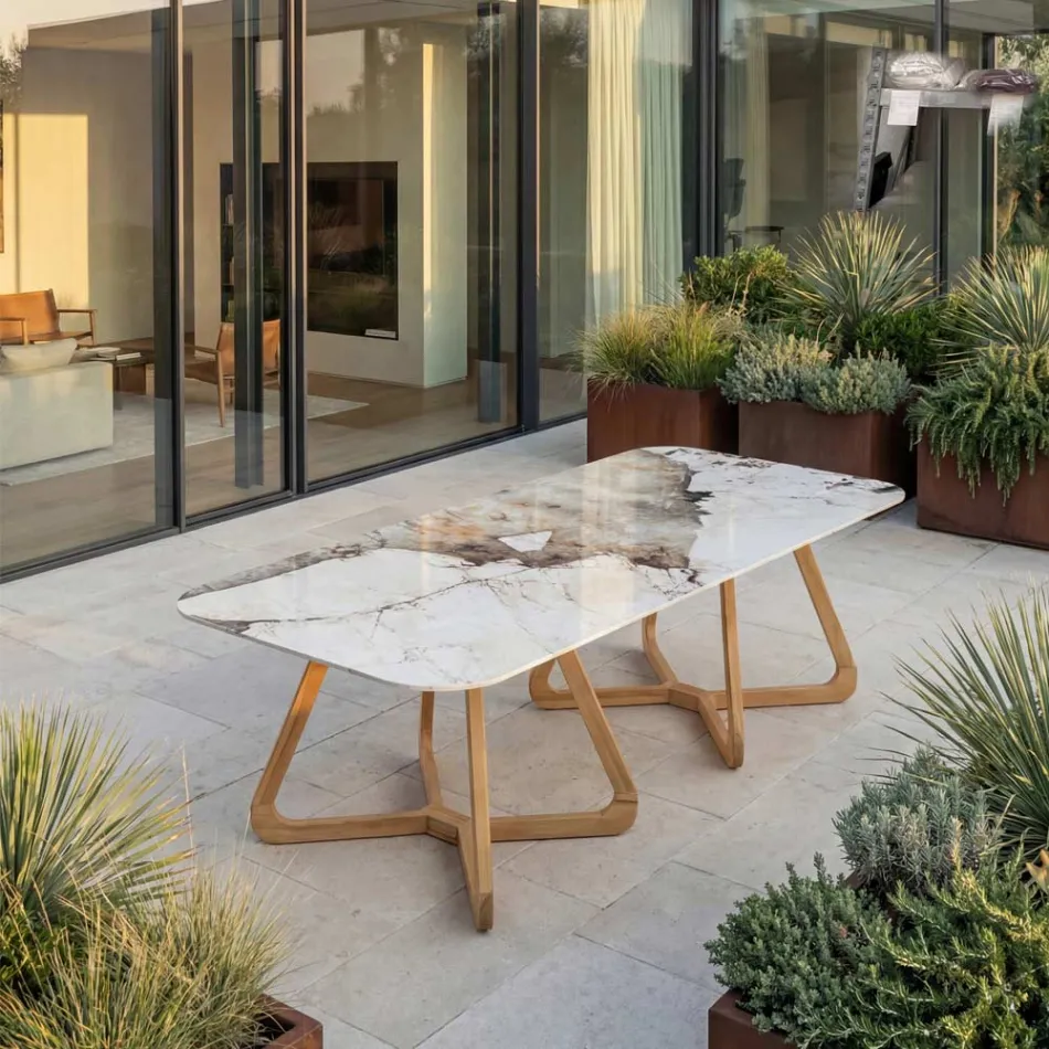 Table with Ceramic Top and Solid Teak Base Made in Italy - Blouse Viadurini