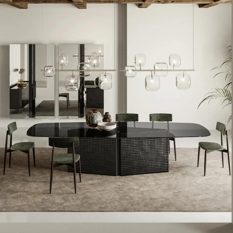 Table with shaped glass top and fused glass and metal base - Foglietto Viadurini