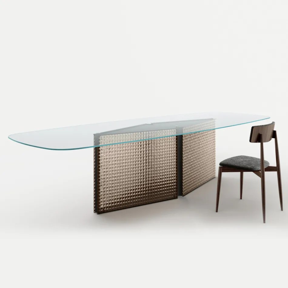 Table with shaped glass top and fused glass and metal base - Foglietto Viadurini