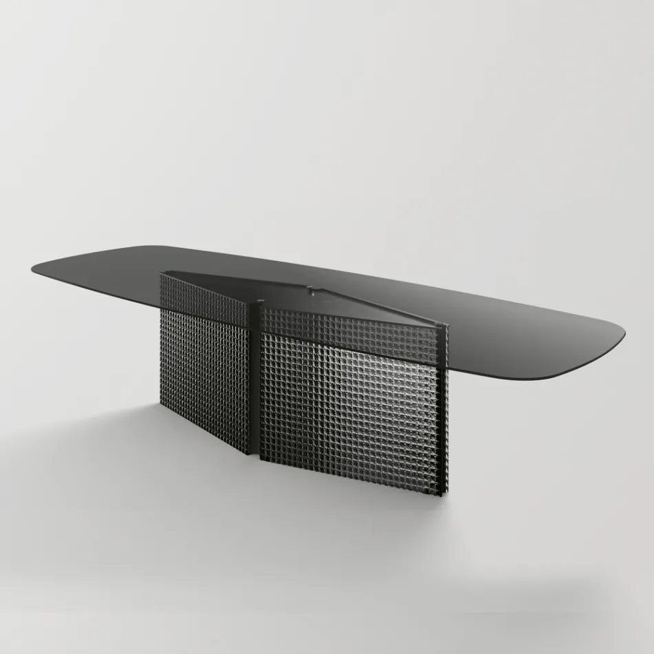 Table with shaped glass top and fused glass and metal base - Foglietto Viadurini