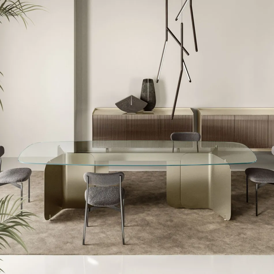 Table with shaped glass top and curved metal base - Piacere Viadurini