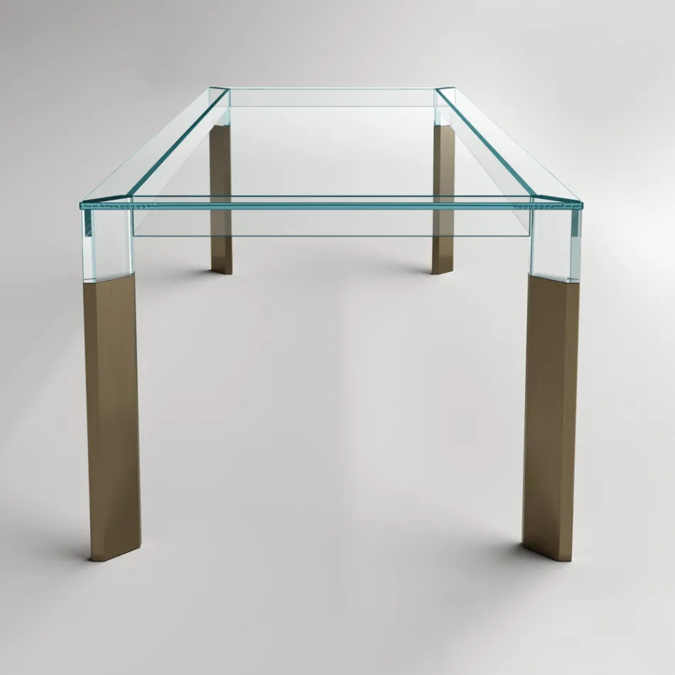 Kitchen Table in Extra-clear Glass with Wooden Legs Made in Italy - Super Viadurini