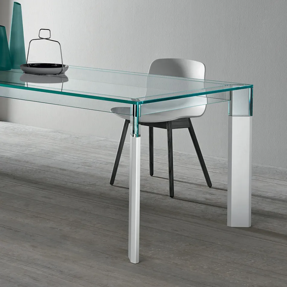 Kitchen Table in Extra-clear Glass with Wooden Legs Made in Italy - Super Viadurini