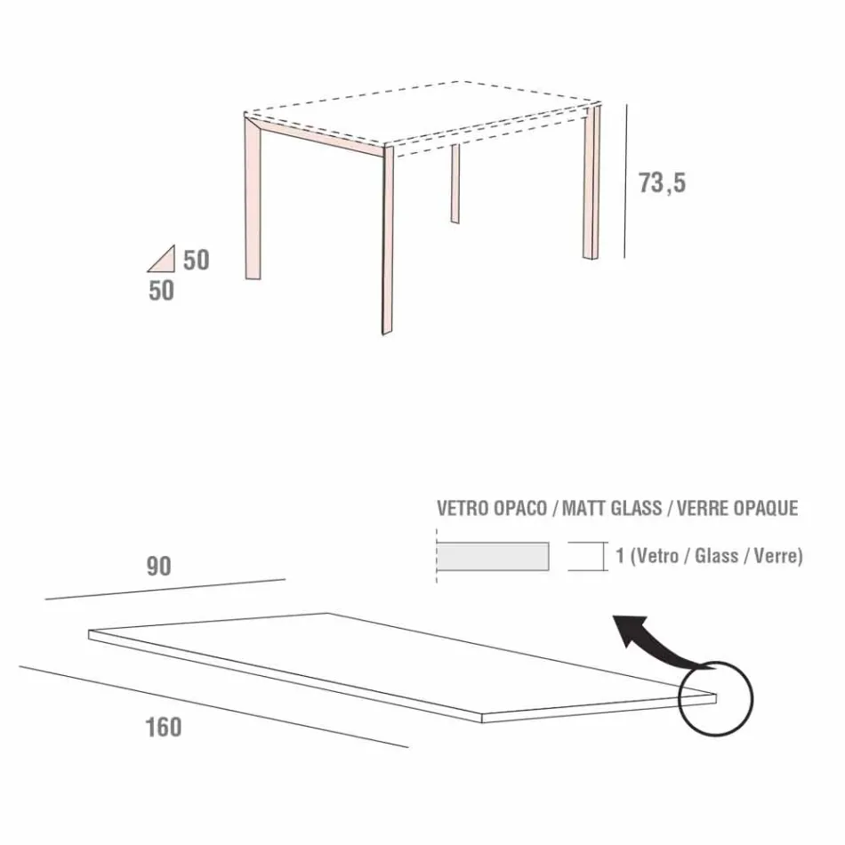 Kitchen Table in Matt Glass with Metal Structure Made in Italy - Brooch Viadurini