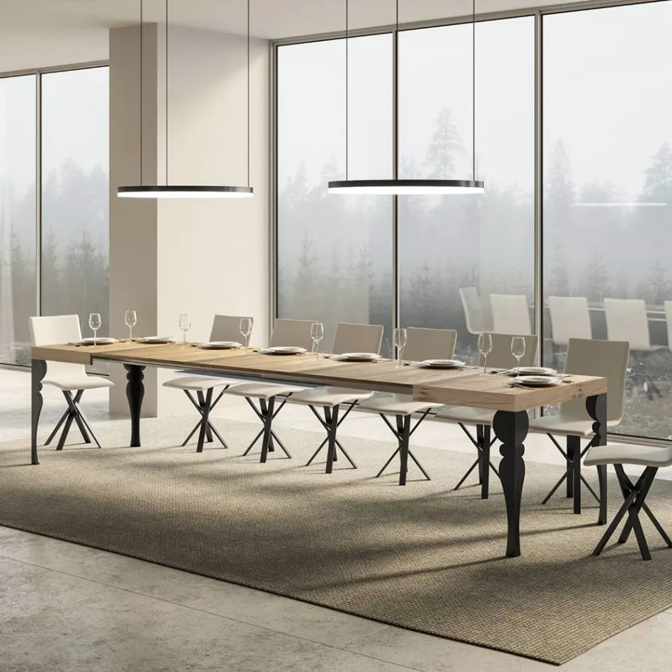 Extendable Kitchen Table in Anthracite Wood and Iron Made in Italy - Sassone Viadurini