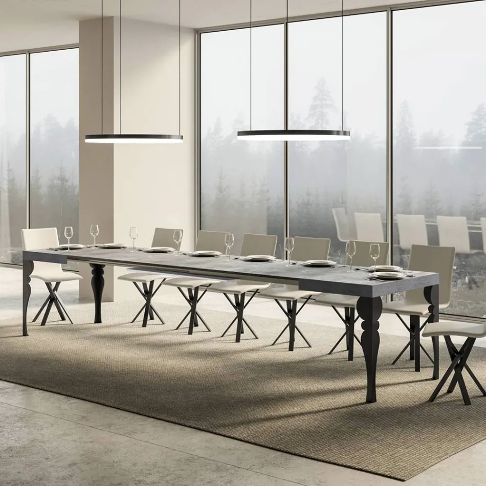 Extendable Kitchen Table in Anthracite Wood and Iron Made in Italy - Sassone Viadurini