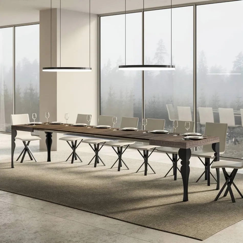 Extendable Kitchen Table in Anthracite Wood and Iron Made in Italy - Sassone Viadurini