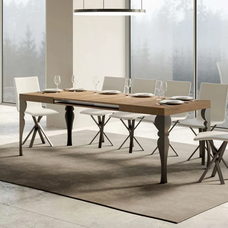 Extendable Kitchen Table in Anthracite Wood and Iron Made in Italy - Sassone Viadurini