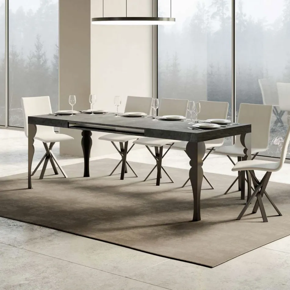 Extendable Kitchen Table in Anthracite Wood and Iron Made in Italy - Sassone Viadurini
