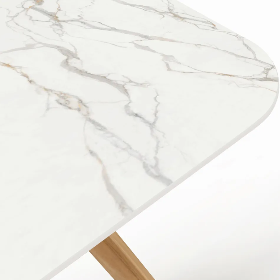 Outdoor Table with Wooden Base and Calacatta Oro Ceramic Top - Infinity Viadurini