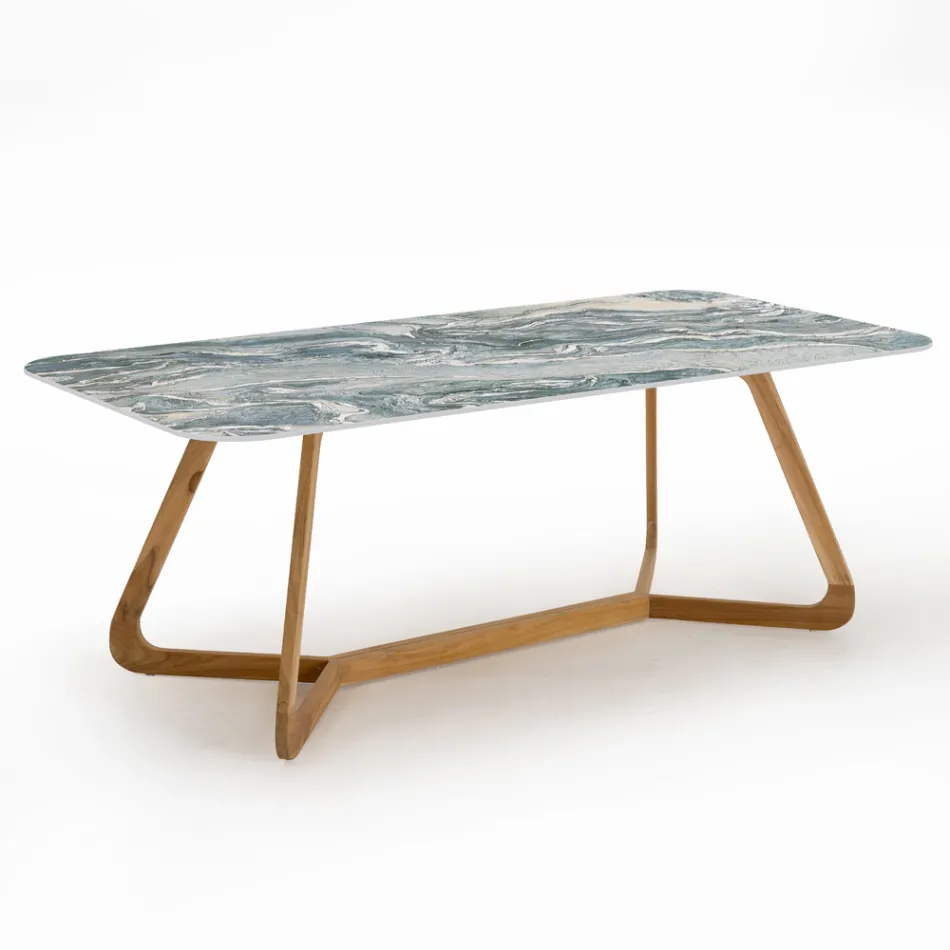 Outdoor Table with Wooden Base and Iconic Ciprus Ceramic Top - Infinity Viadurini