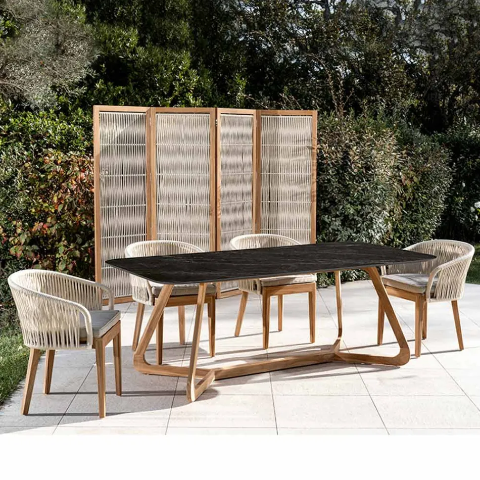Outdoor Table with Wooden Base and Black Marquinia Ceramic Top - Infinity Viadurini