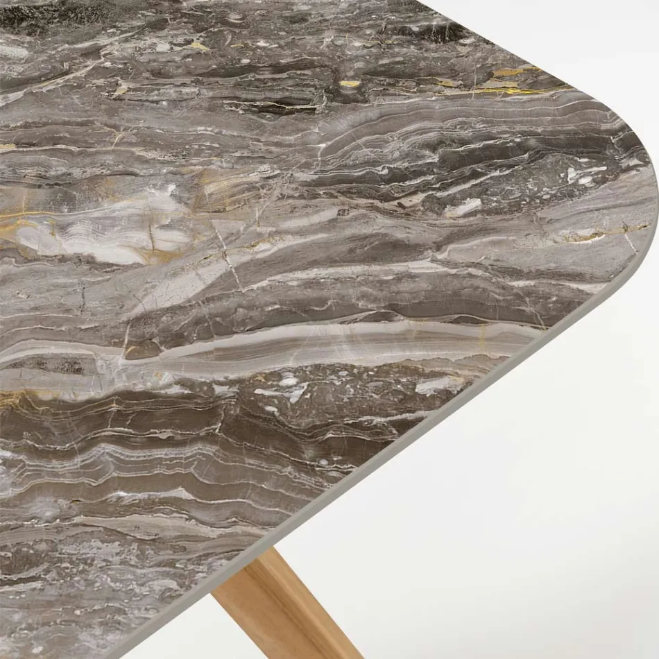 Outdoor Table with Wooden Base and Orobico Luxe Ceramic Top - Infinity Viadurini