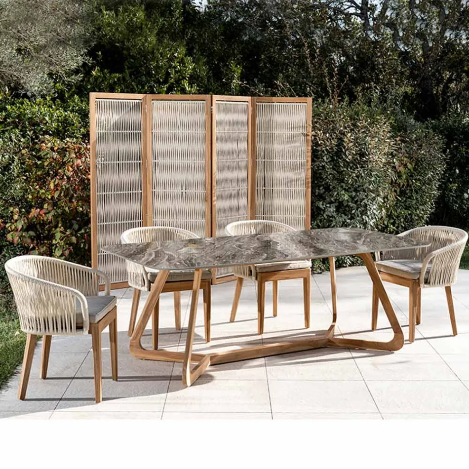 Outdoor Table with Wooden Base and Orobico Luxe Ceramic Top - Infinity Viadurini