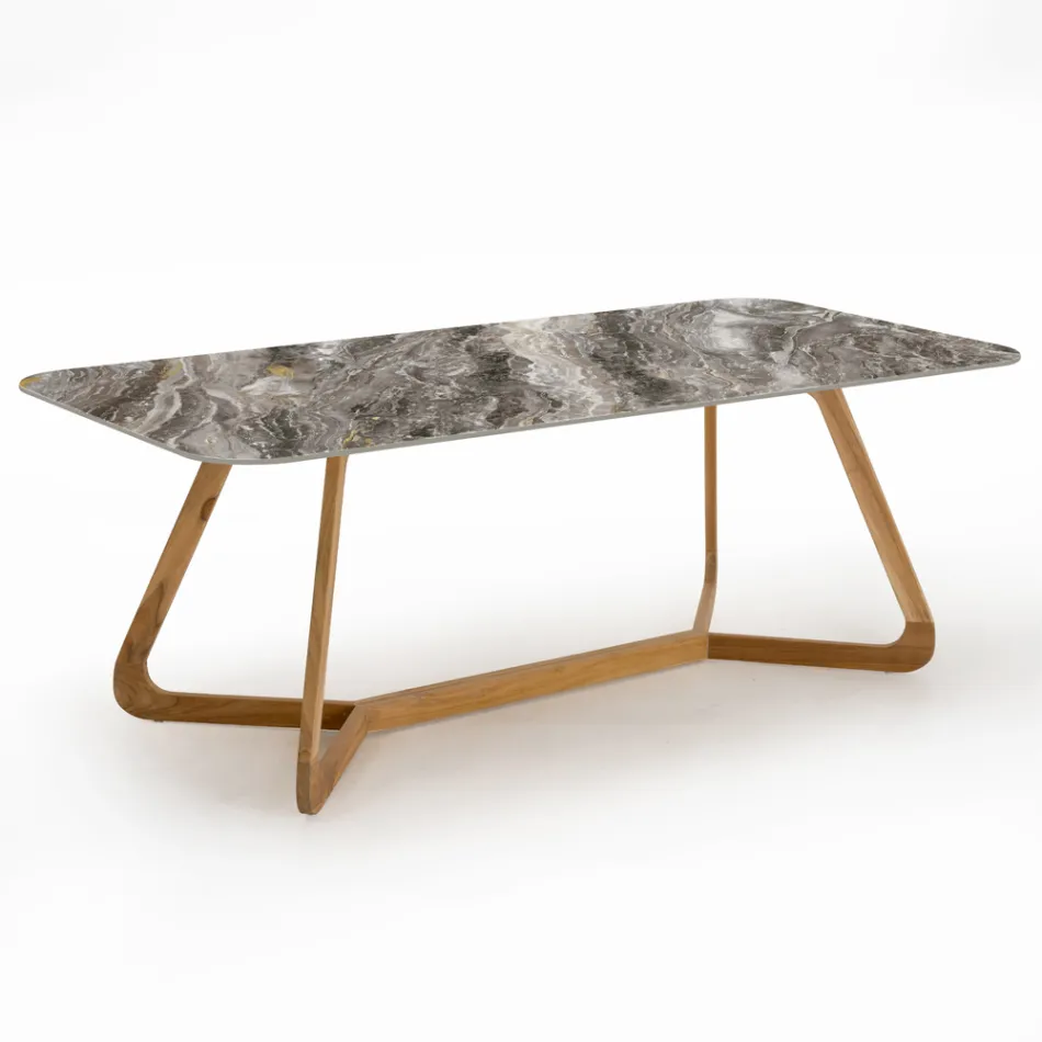 Outdoor Table with Wooden Base and Orobico Luxe Ceramic Top - Infinity Viadurini