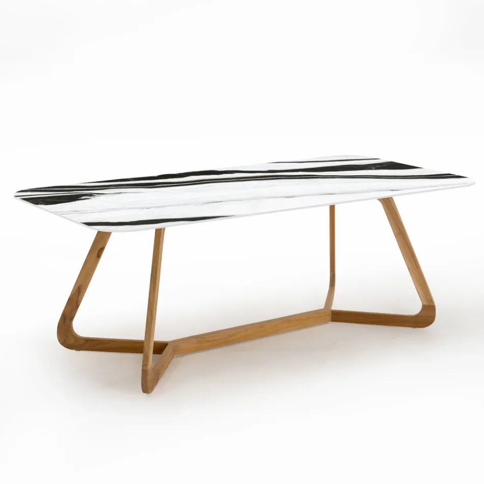 Outdoor Table with Wooden Base and Ceramic Top Panda White - Infinity Viadurini