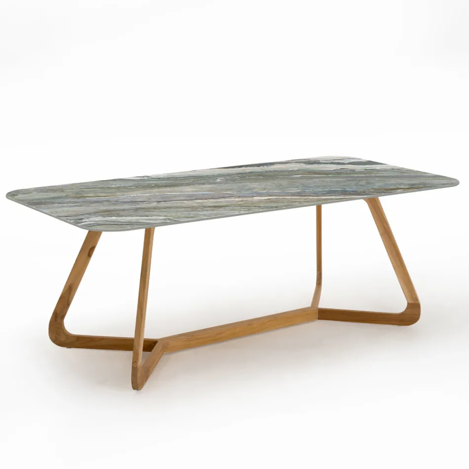 Outdoor Table with Wooden Base and Royal Peacock Ceramic Top - Infinity Viadurini