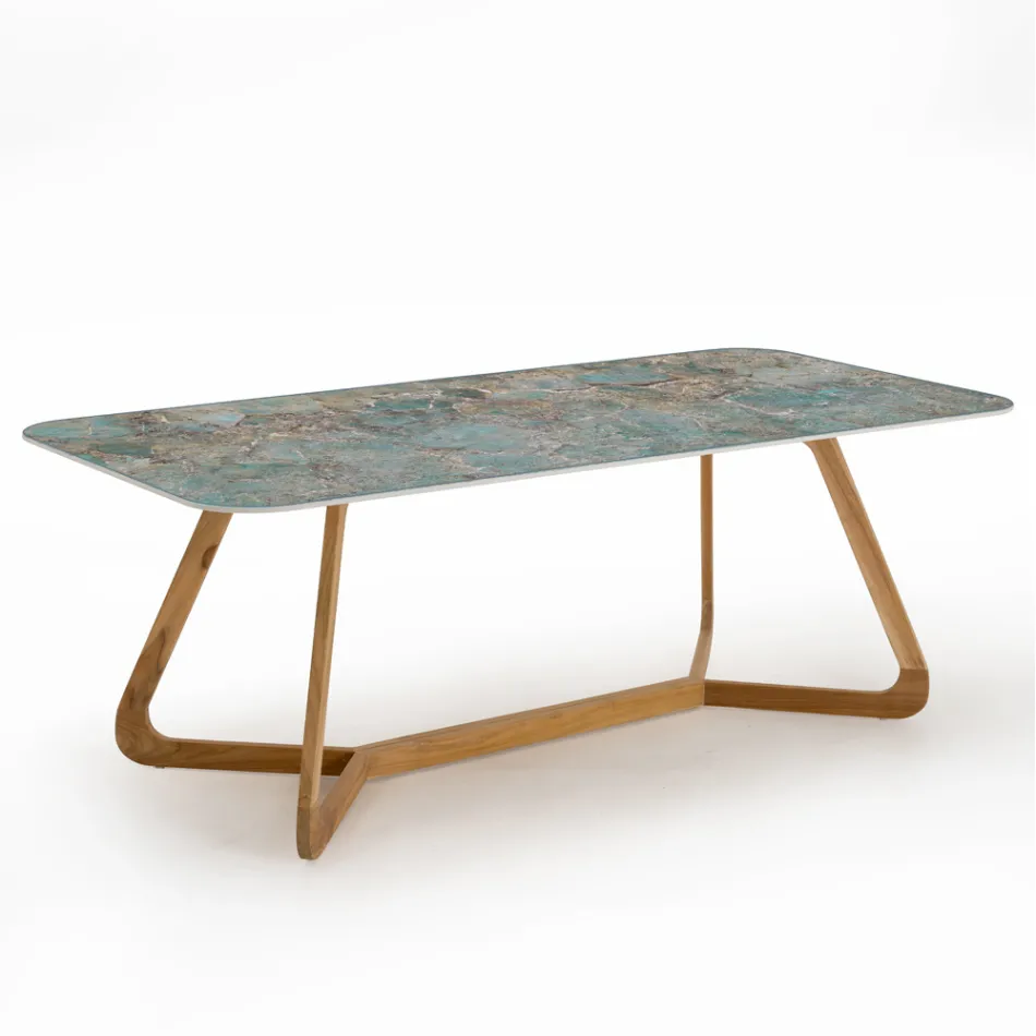 Outdoor Table with Wooden Base and Ceramic Top Santos - Infinity Viadurini