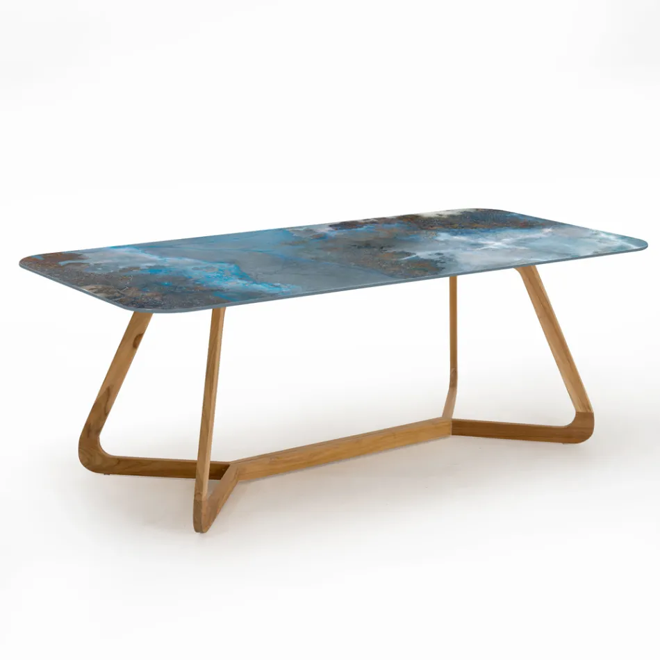 Outdoor Table with Wooden Base and Ceramic Top Thunderstorm - Infinity Viadurini