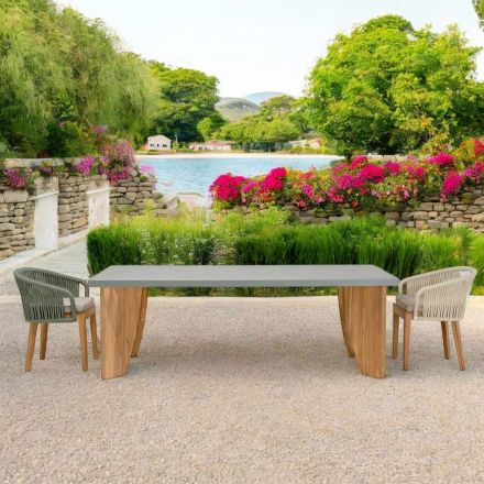 Outdoor Table in Okumè Microcement and Teak Finish Made in Italy - Pencil Viadurini