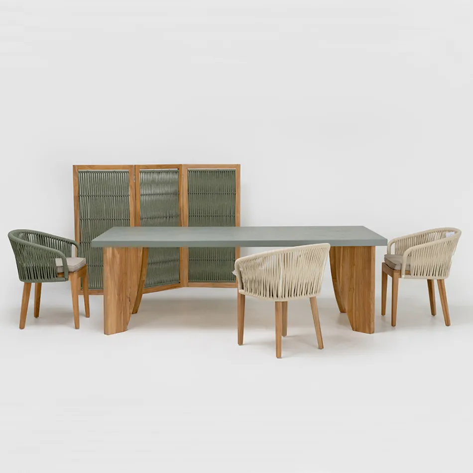 Outdoor Table in Okumè Microcement and Teak Finish Made in Italy - Pencil Viadurini