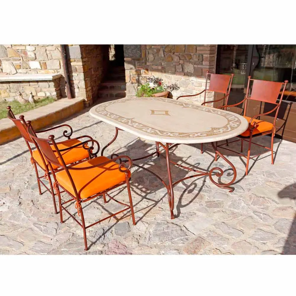 Travertine Outdoor Table with Mosaic Inserts Made in Italy - Elegant Viadurini