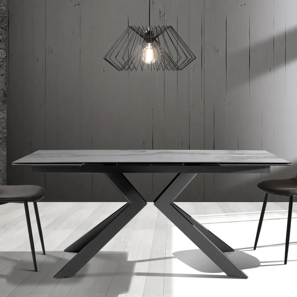 Extendable Dining Table Up to 240 cm in Ceramic and Metal - Ugo Viadurini