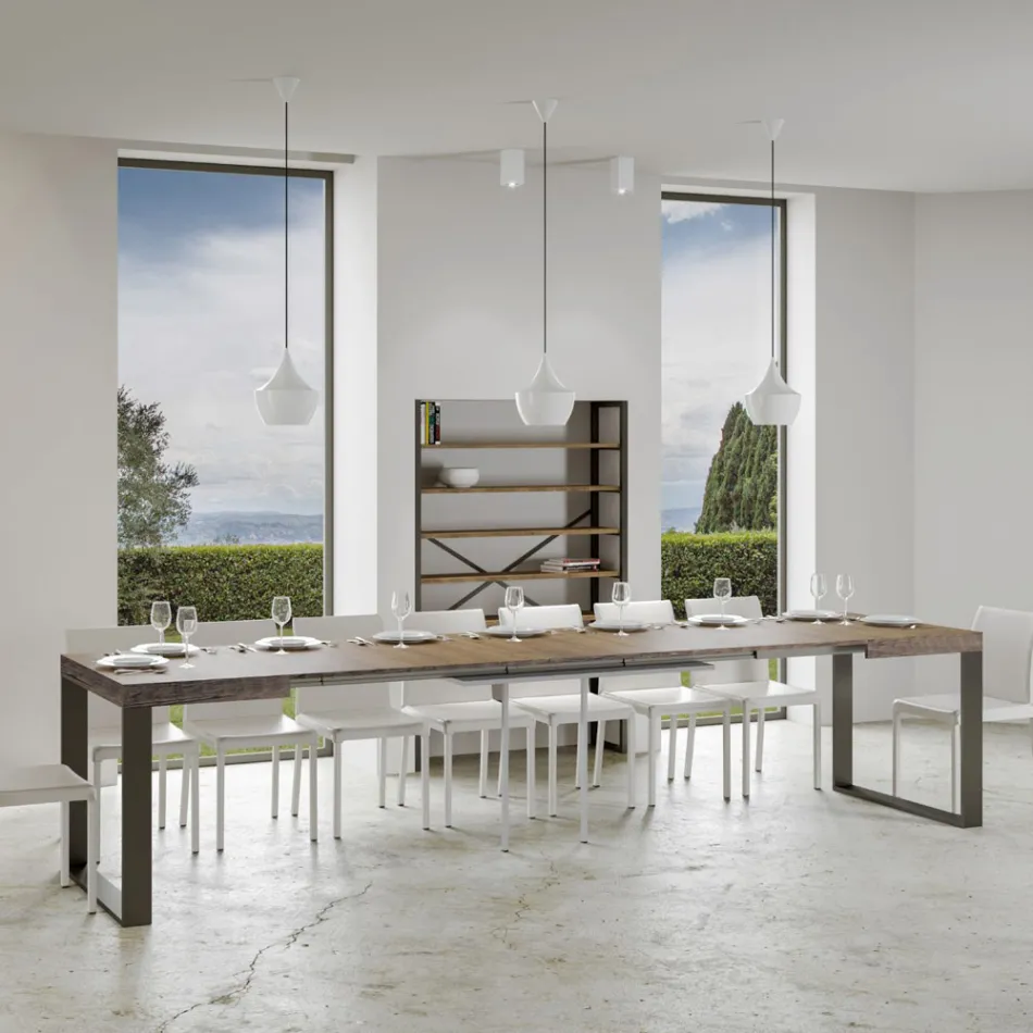 Extendable Dining Table in Melamine Wood and Iron Made in Italy - Badesi Viadurini