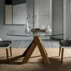 Living Room Dining Table Glass Top and Wooden Legs - Botanical Viadurini
