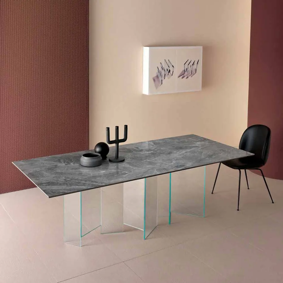Ceramic Dining Table and Extralight Glass Base Made in Italy - Random Viadurini