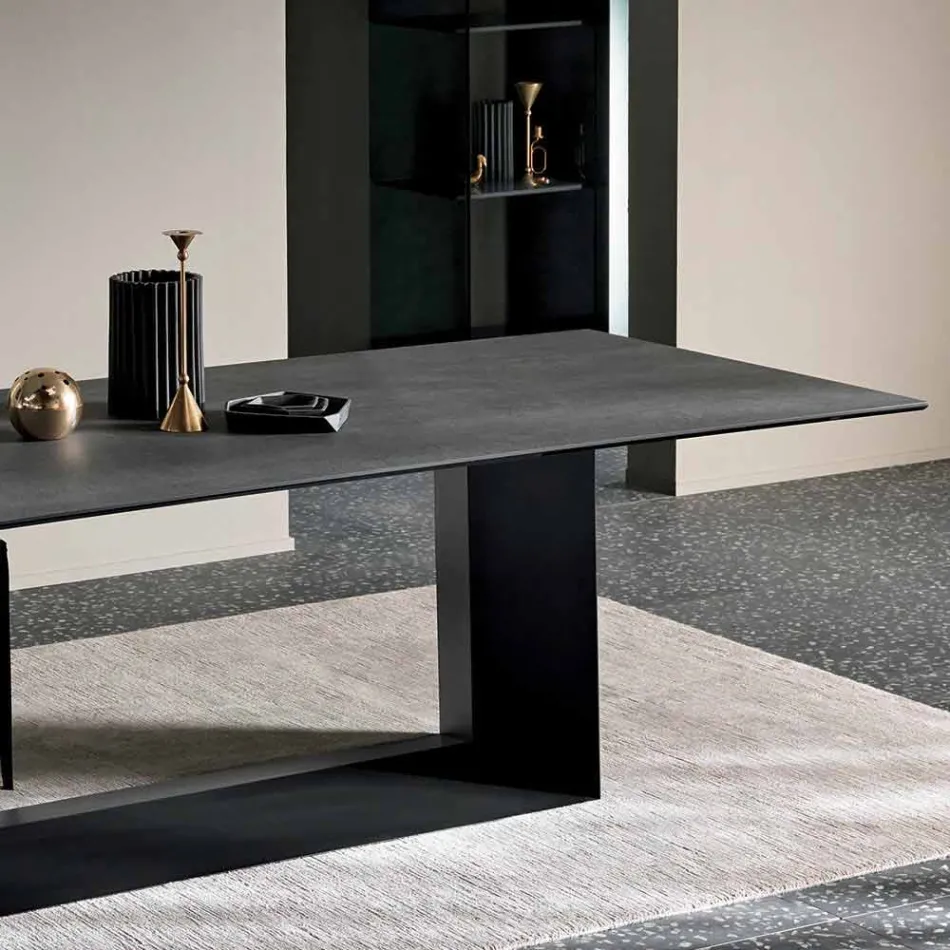 Anthracite Savoy Stone Ceramic Dining Table Made in Italy - Dark Brown Viadurini