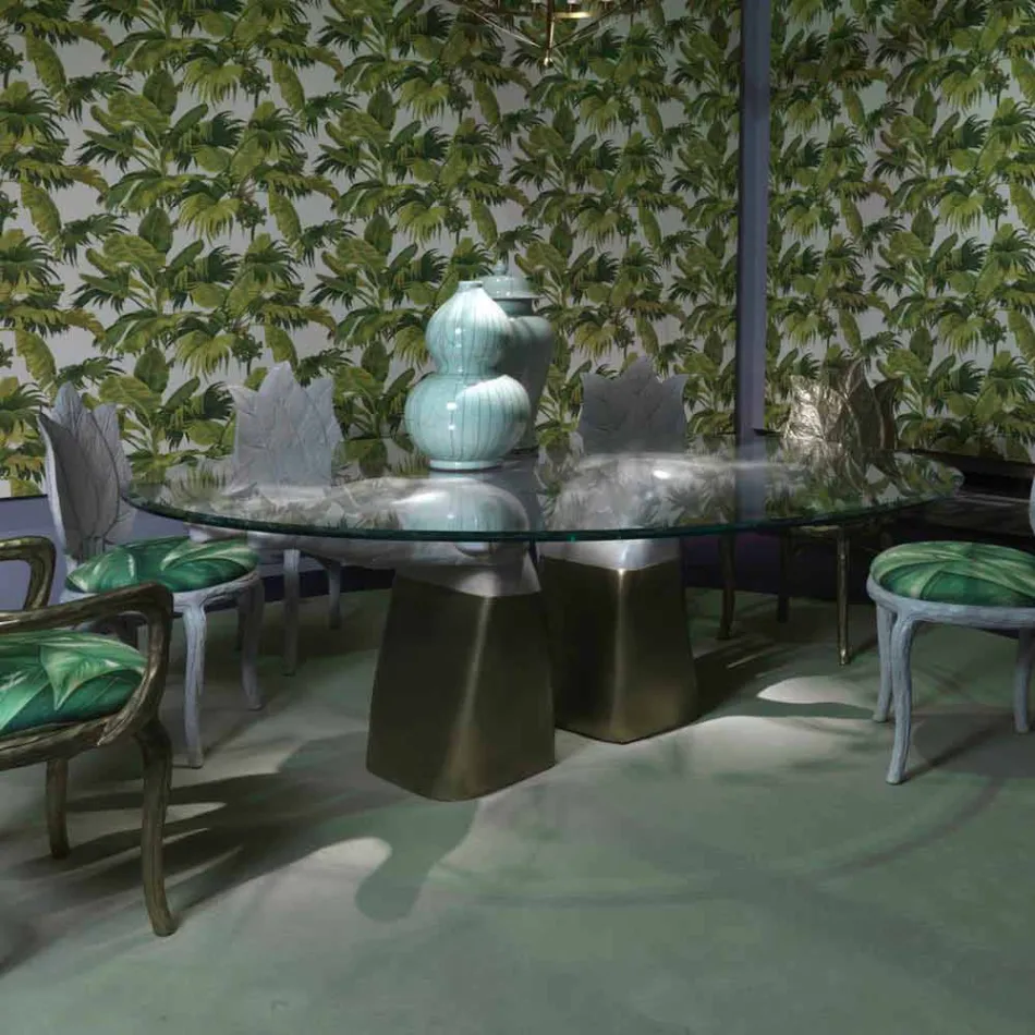 Wooden dining table with glass top, made in Italy, Bartolo Viadurini