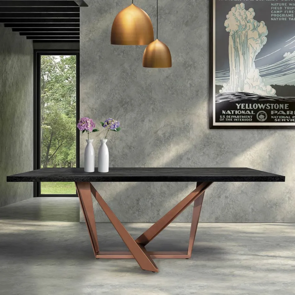 Dining Table in Oak Wood and Nuvolato Copper Color Metal Made in Italy - Patty Viadurini