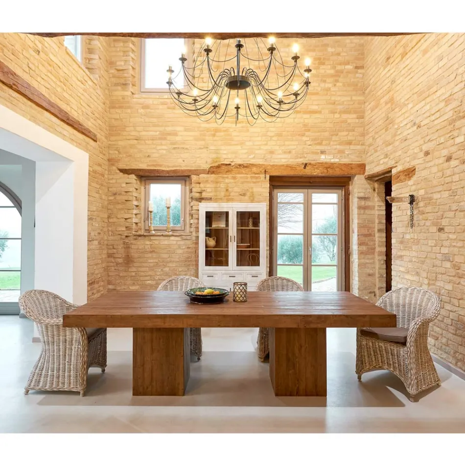 Dining Table in Recycled Tropical Wood with Double Base - Slide Viadurini