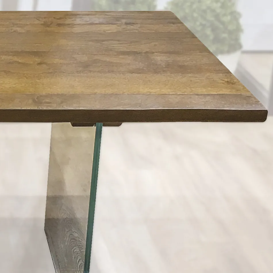 Dining Table in Solid Oak and Crystal Base Made in Italy - Iker Viadurini