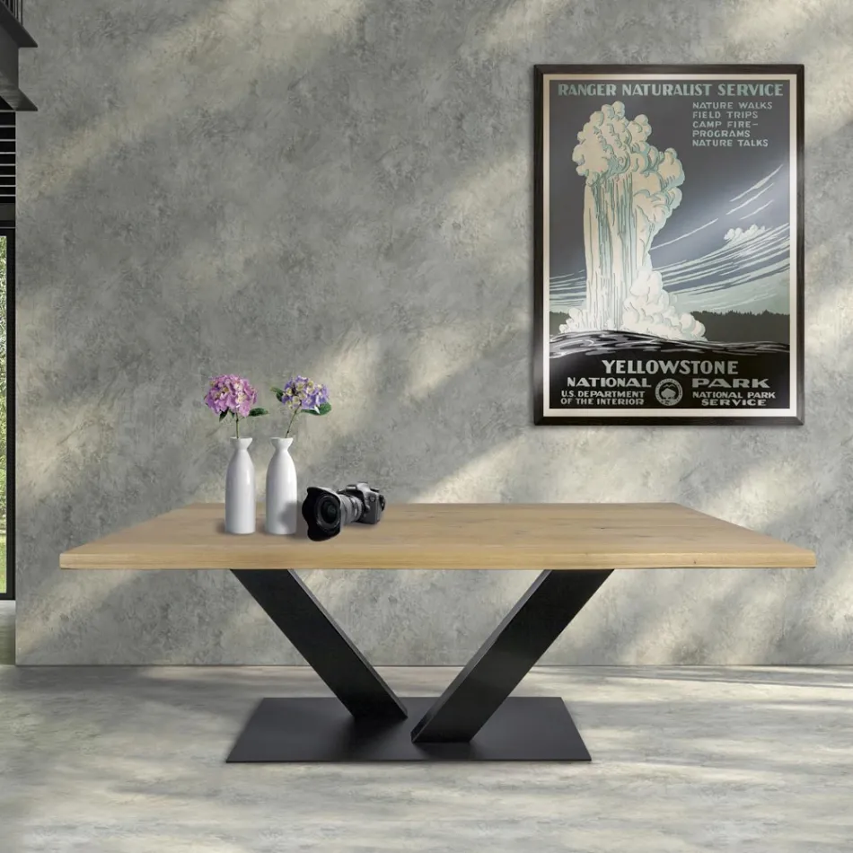 Dining Table in Masellato Plated Oak and Metal Made in Italy - Riad Viadurini