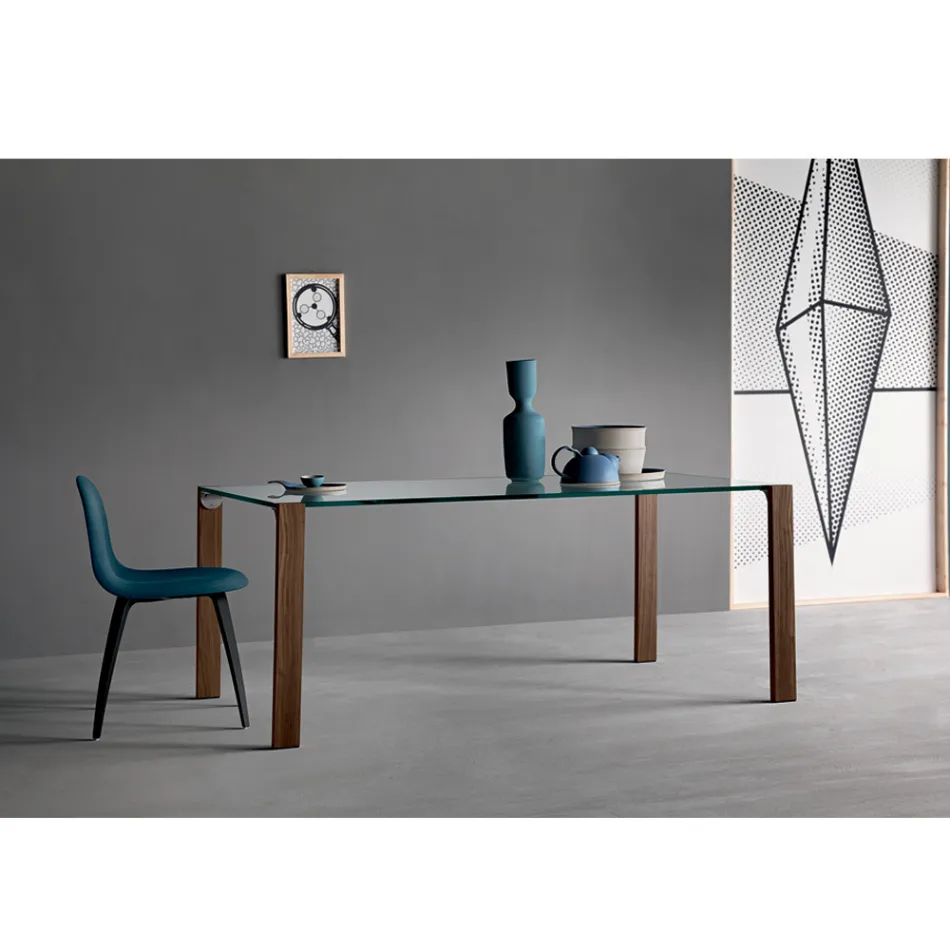 Dining Table in Glass and Legs in Oak or Canaletto Walnut - Aschio Viadurini