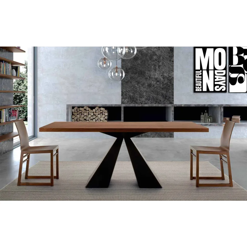Modern Dining Table in Veneered Wood and Steel Made in Italy - Dalmata Viadurini
