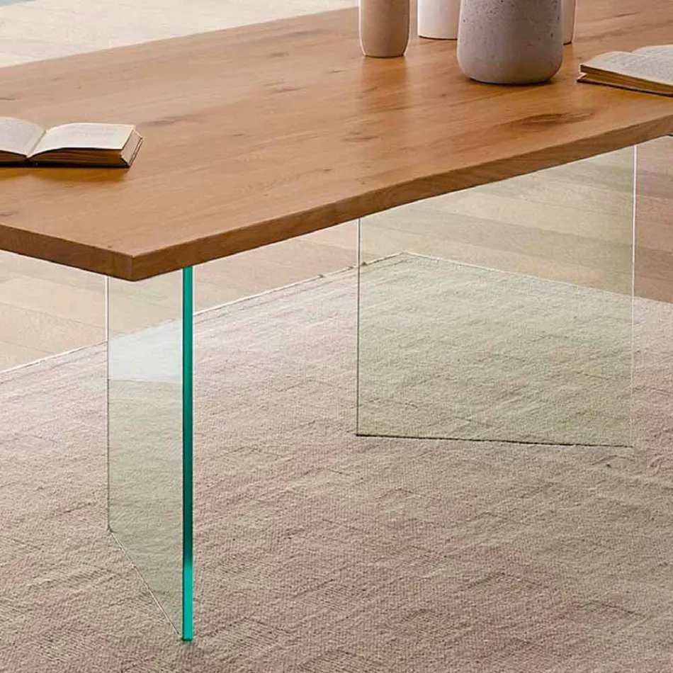 Modern Dining Table in Knotted Oak and Glass Made in Italy - Sibillo Viadurini
