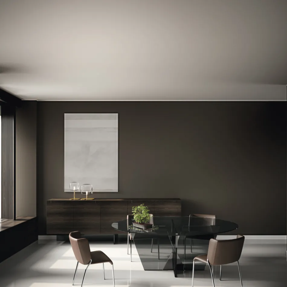 Oval Dining Table with Glass Top and Base Made in Italy - Tiseo Viadurini