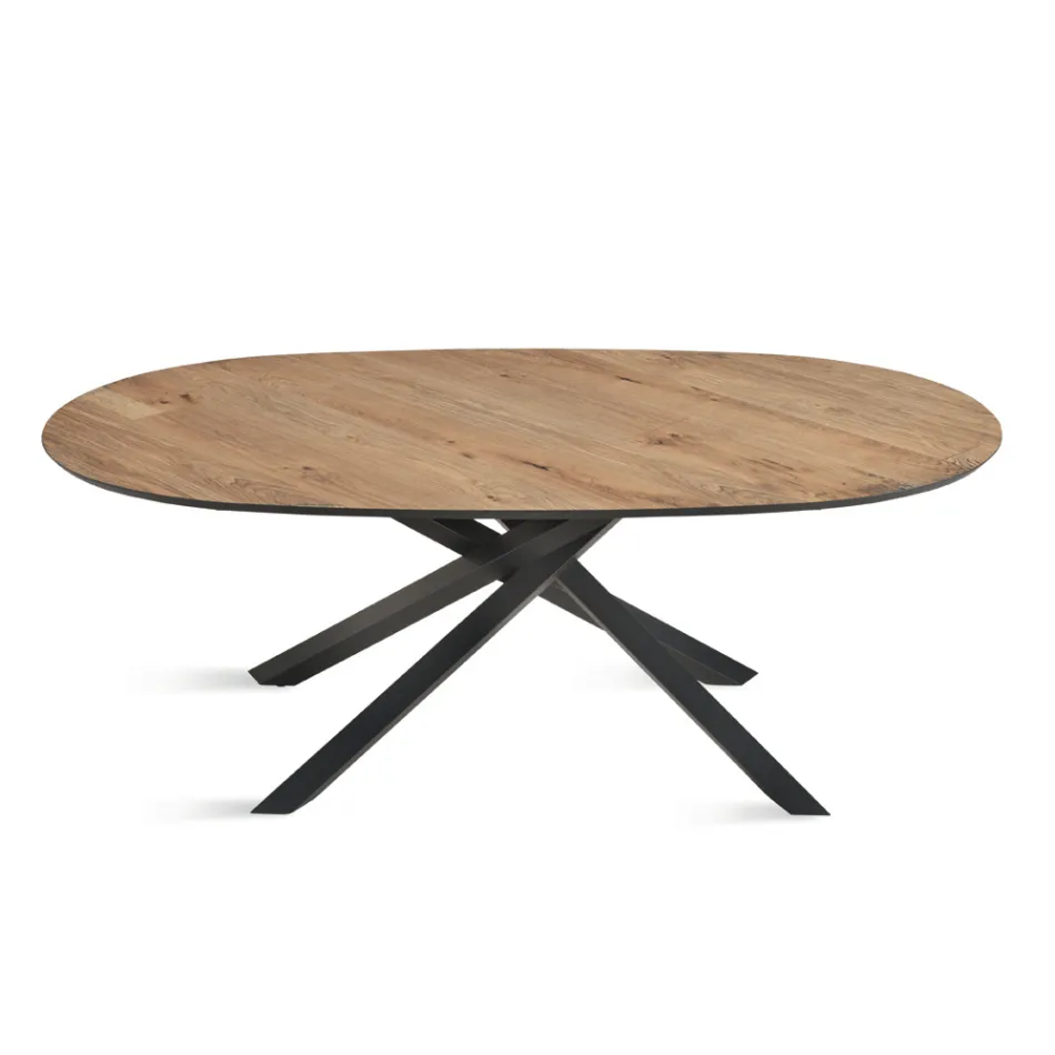 Oval Dining Table in Oak Veneer and Black Metal Base - Domo Viadurini