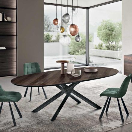Oval Dining Table in Oak Veneer and Black Metal Base - Domo Viadurini