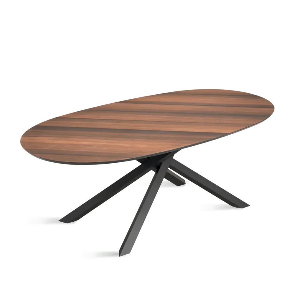 Oval Dining Table in Oak Veneer and Black Metal Base - Domo Viadurini